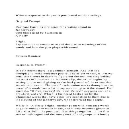 Write a response to the peers post based on the readings. Origi.docx