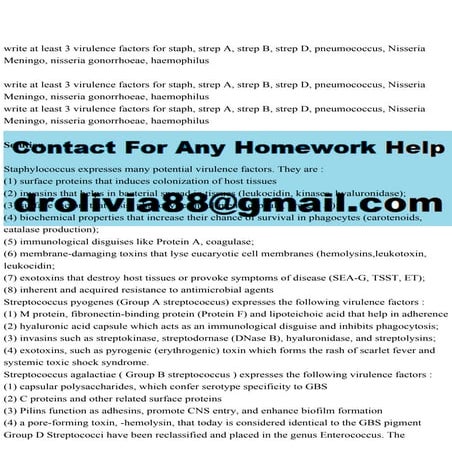 write at least 3 virulence factors for staph, strep A, strep B, .pdf