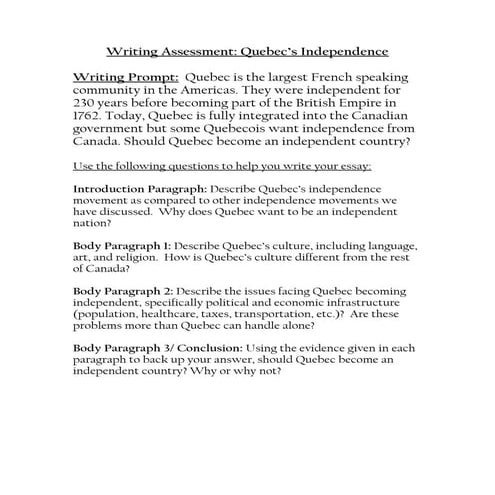 Writing assessment   quebec independence