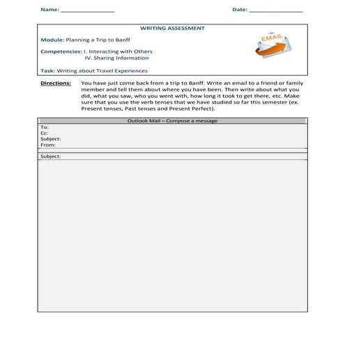 Writing Assessment  Travel Experience Email
