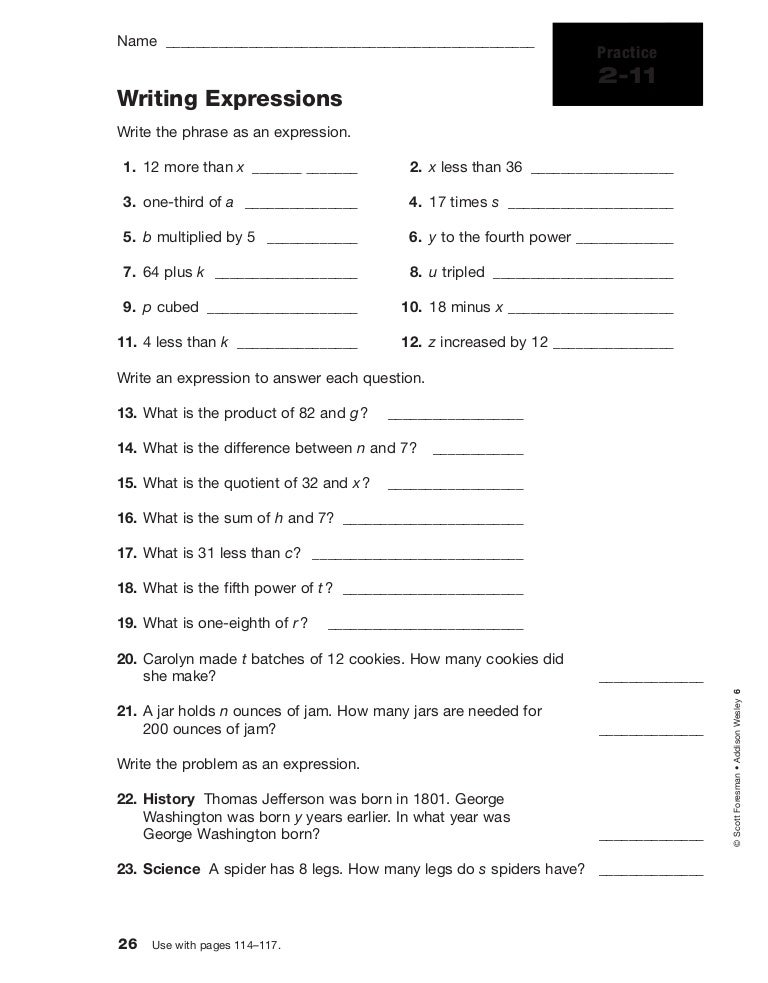 Writing expressions practice wkst