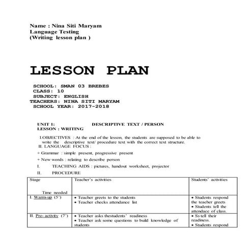 Lesson Plan ( Writing ) | PDF