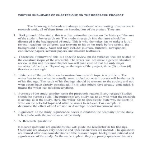 Writing sub heads of chapter one on the research project