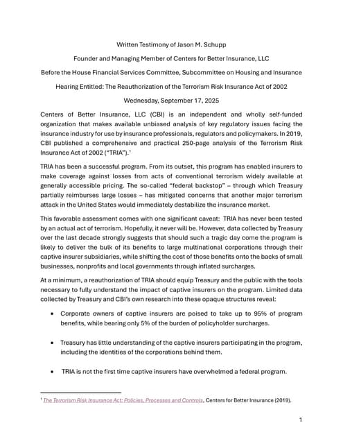 TRIA Renewal 2027: Testimony of Jason Schupp