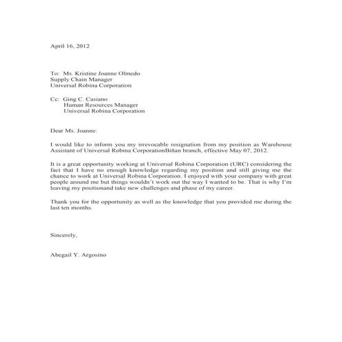 Sample of resignation letter