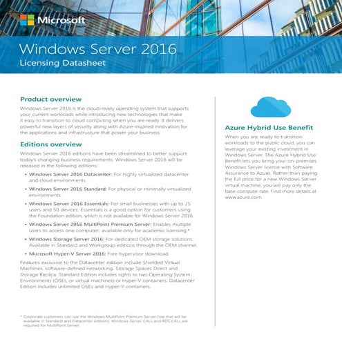 Windows Server 2016 licensing datasheet
