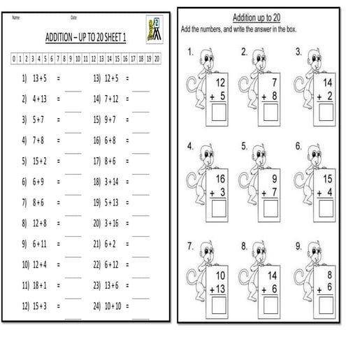 WORKSHEET ADDITION WITHIN 20 YEAR ONE