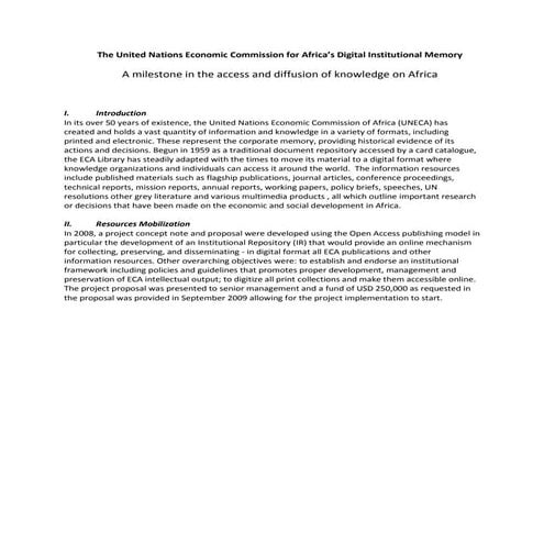 WSIS+10 Reporting UNECA: A milestone in the access and diffusion of knowledge...