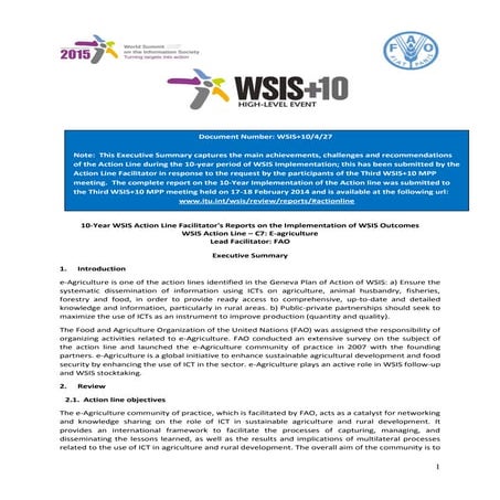 WSIS10 Action Line C7 e-Agriculture Lead Facilitator: FAO