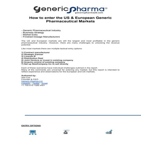 How to enter the US & European Generic Pharmaceutical markets