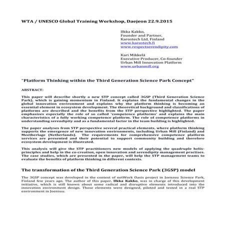 "Platform thinking within the Third Generation Science Park Concept"; UNESCO ...