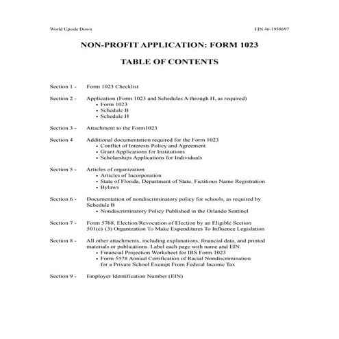 World Upside Down 501(c)(3) Non-Profit Application