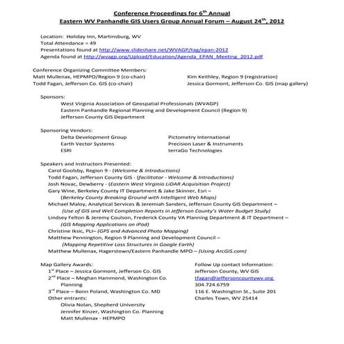 Proceedings for WV Eastern Panhandle GIS Users Group Meeting - August 2012