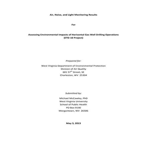 WVU Study: Air, Noise and Light Monitoring for Marcellus/Utica Wells