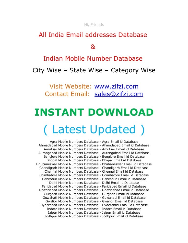 indian email id database lists inidan mobile database directory