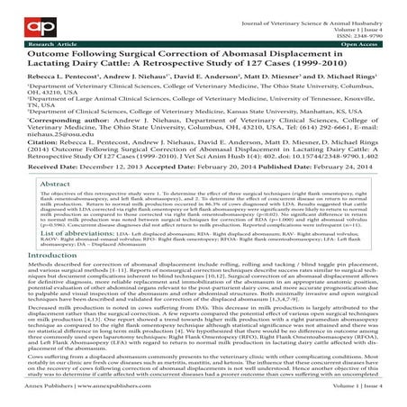 Outcome following-surgical-correction-of-abomasal-displacement-in-lactating-dairy-cattle-a-retrospective-study-of%20127-cases-(1999-2010)