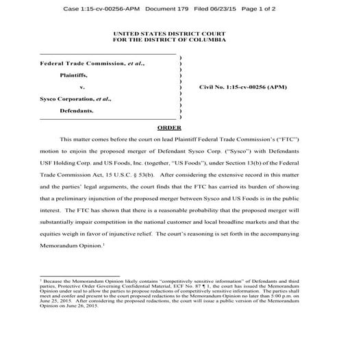 Order Granting Preliminary Injunction Sysco US Foods