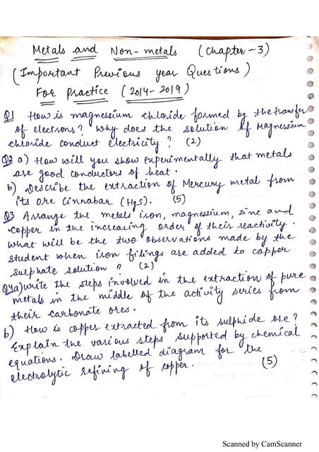 Class 10 CBSE (Metals and non metals) chapter 3 previous year important quest...