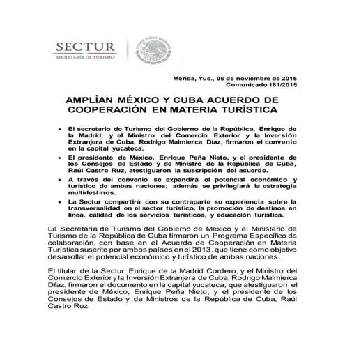 Comunicado sectur amplían méxico y cuba acuerdo de cooperación en materia tur...