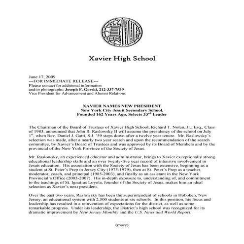 Xavier HS Announces New President Jack Raslowsky | PDF