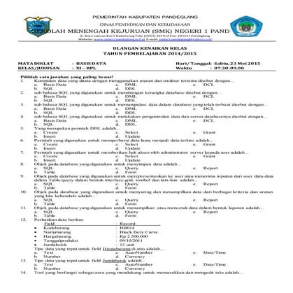 Soal UAS Basis Data kelas 11 semester genap tahun ajaran 2014-2015