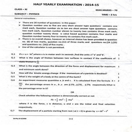 XI half yearly exam 2014 15 with answer 