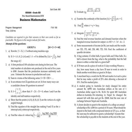 Business Mathematics XII - Hissan 2078