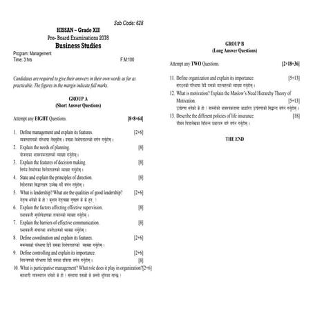 Business Studies XII  - Hissan 2078