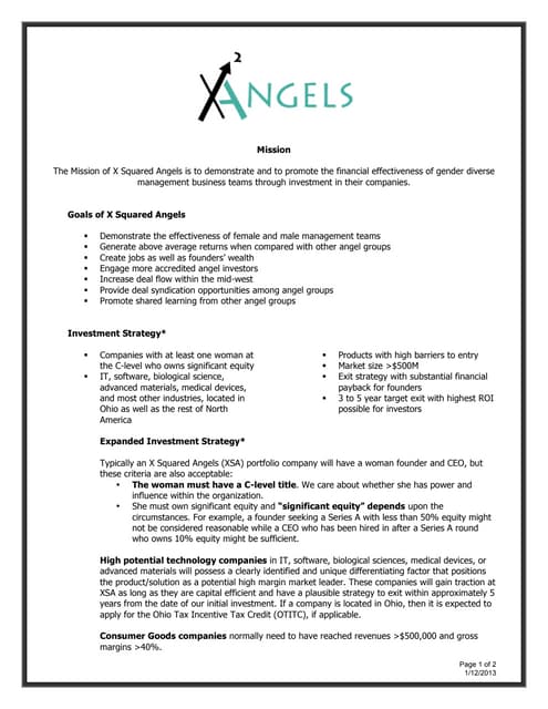 X Squared Angels Mission and Company Investment Criteria