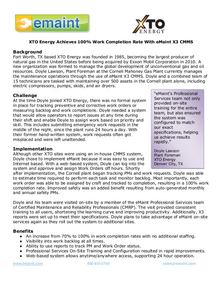 XTO Energy Achieves 100 Work Completion Rate With eMaint X3 CMMS