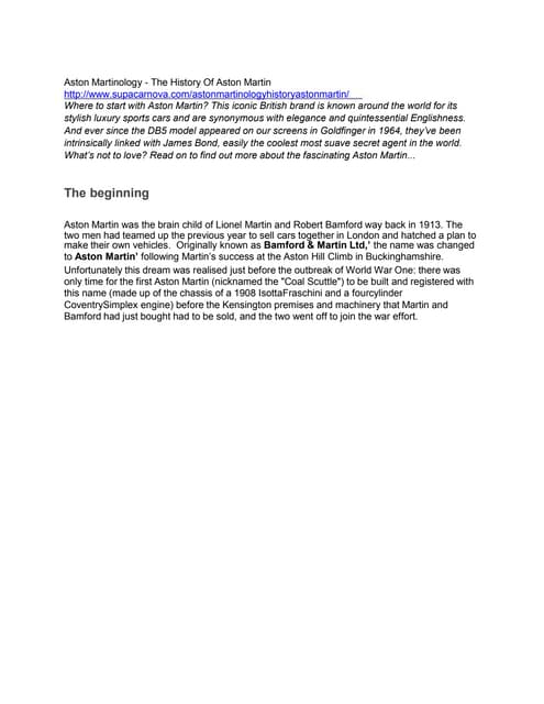 Aston Martinology - The History Of Aston Martin