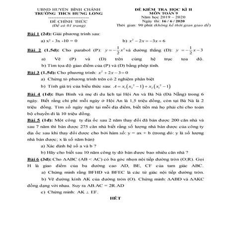 Đề Thi HK2 Toán 9 - THCS Hưng Long | DOCX