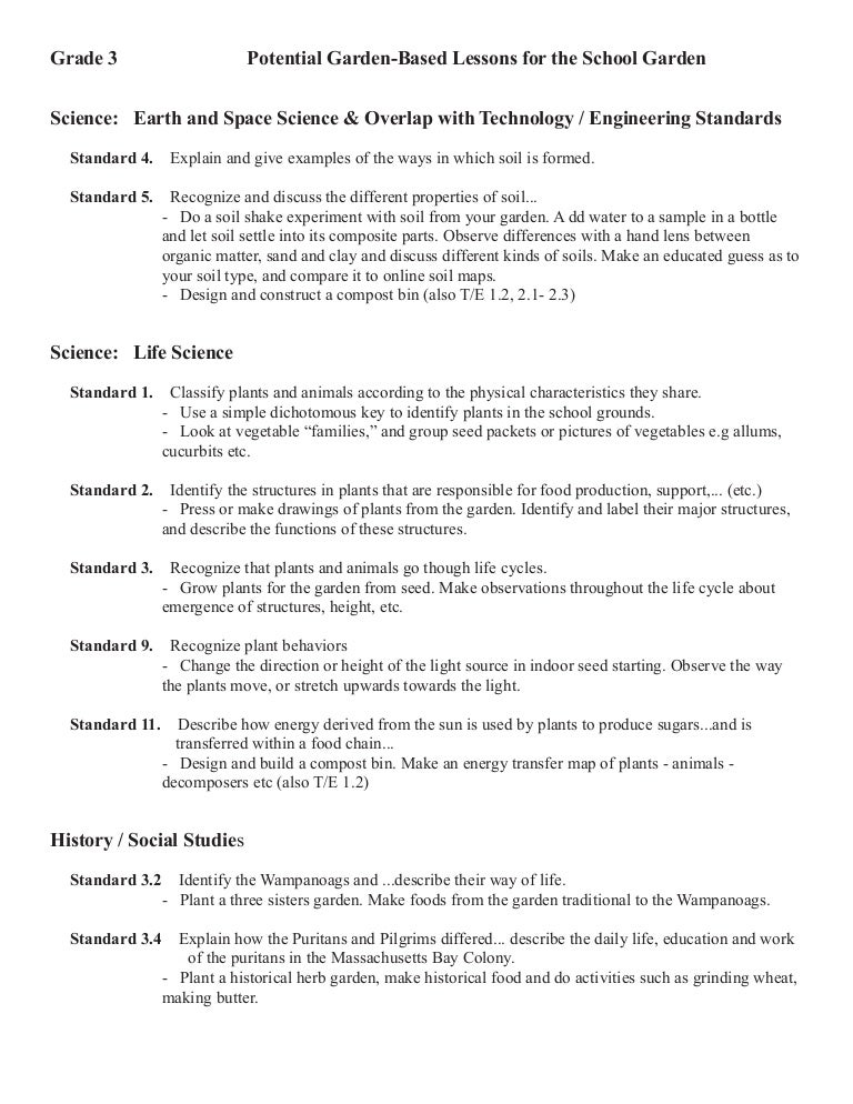 Grade 3 School Garden Lesson Plan - Potential Garden-Based Lessons