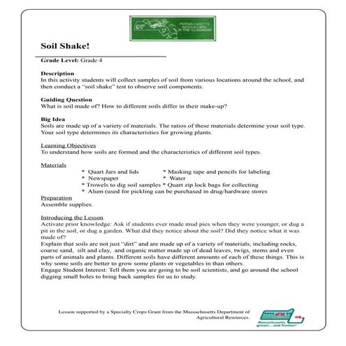 Grade 4 School Garden Lesson Plan - Soil Shake Lesson ~ Massachusetts