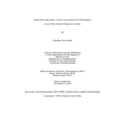Small Plots, Big Hopes: Factors Associated with Participation in an Urban Gar...