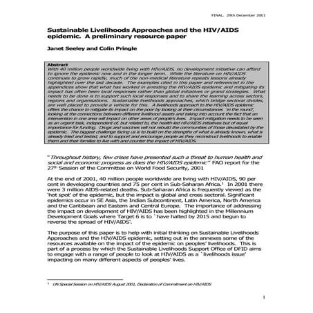 Sustainable Livelihoods Approaches and the HIV - AIDS Epidemic