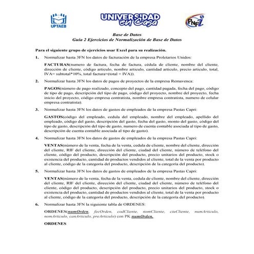 Guía 2 Ejercicios de Normalización de Base de Datos