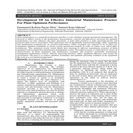 Development Of An Effective Industrial Maintenance Practice For Plant Optimum...