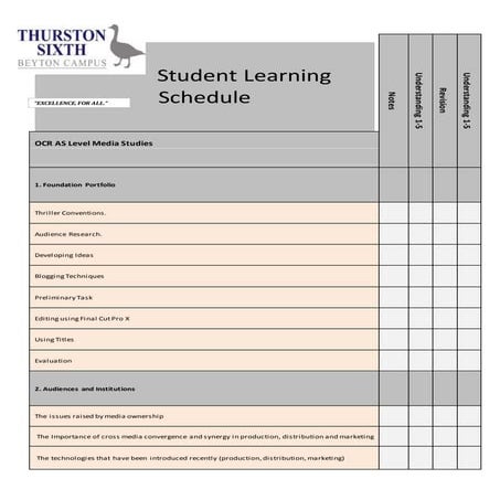 Y12 Media Studies Student Learning Schedule 