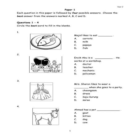 Year 2 English Language Paper 1 Test Paper 