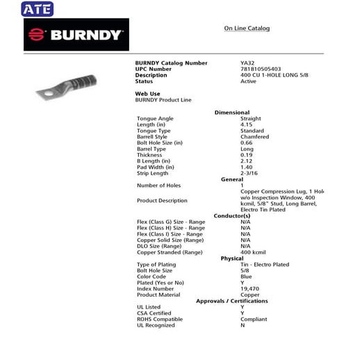 BURNDY CABLE LUG YA32 ( mail@akbartrading.com )