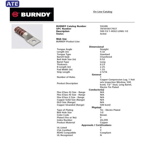 BURNDY CABLE LUG YA34N 