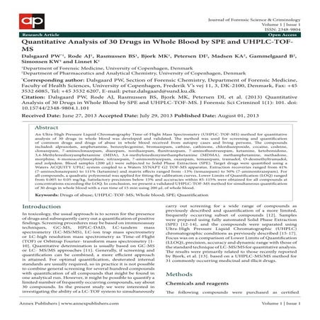 Quantitative Analysis of 30 Drugs in Whole Blood by SPE and UHPLC-TOF-MS