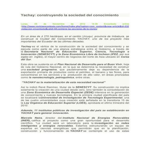 Yachay construyendo la sociedad del conocimiento
