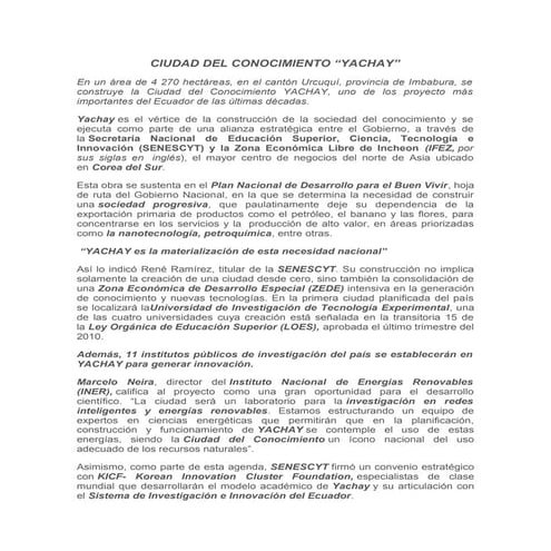 Yachay construyendo la sociedad del conocimiento