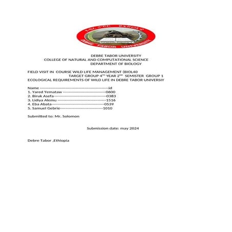 the studys of ecological requirments of wild life in debre tabor university