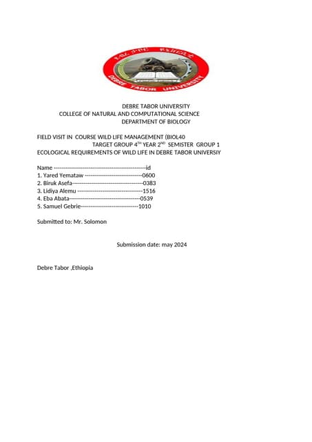 the studys of ecological requirments of wild life in debre tabor university