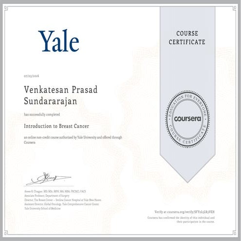 Yale Univ. - Intro' to Breast Cancer Cert. VPS2016