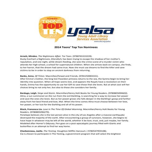 Yalsa Summaries of Top Ten Book Nominees