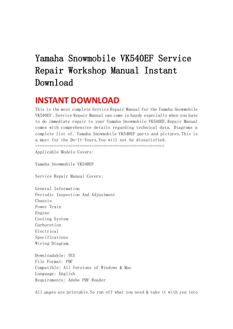 Yamaha snowmobile vk540 ef service repair workshop manual instant download